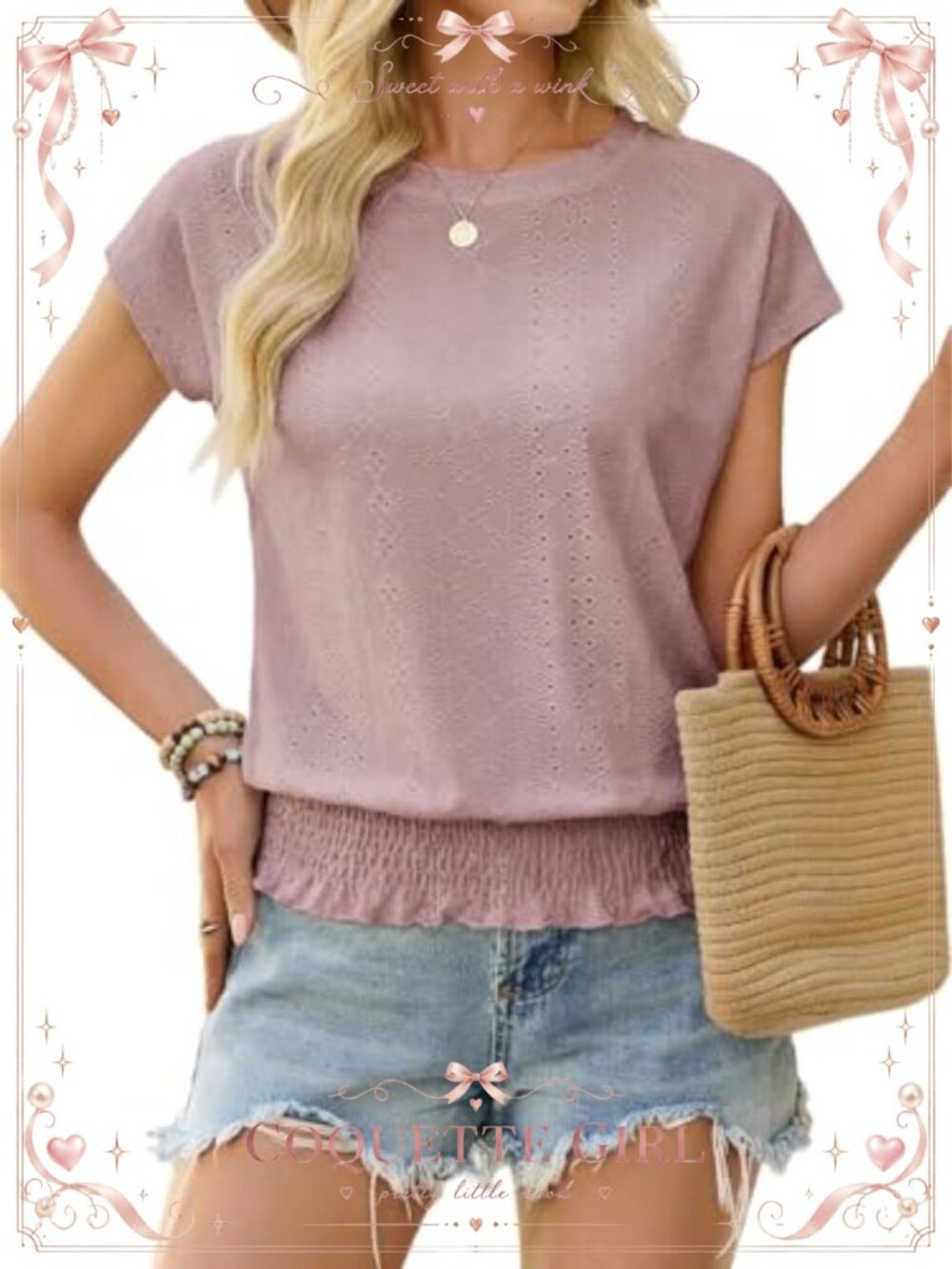Women's Eyelet Short Sleeve Smocked Waist Blouse Crewneck Casual Top
